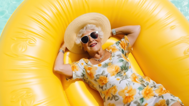 Hitte: 7 interessante artikelen voor verzorgenden Oudere vrouw in bloemetjesjurk en met een gele hoed op, ligt in een knalgele zwemband op het water, ze draagt een zonnebril. Voor bij een artikel over interessante artikelen bij hitte voor verzorgenden.