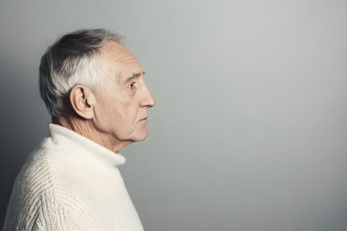 Sad senior man isolated on gray background. Studio portrait. Dementia and Alzheimer's disease concept. Memory loss awareness. Banner with copy space Sad senior man isolated on gray background. Studio portrait. Dementia and Alzheimer's disease concept. Memory loss awareness. Banner with copy space *** Local Caption ***
