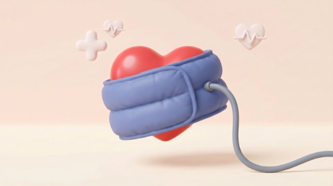 AdobeStock_2104655745 (1) illustration red hart covered with manchet of a blood pressure meter.