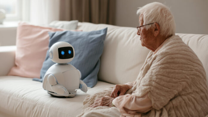 An elderly person sits on a sofa wrapped in a blanket next to a small robot. The room has soft colors and natural light coming through the window Elderly person interacting with care robot at home, aging population. Artikel technologie in de zorg.